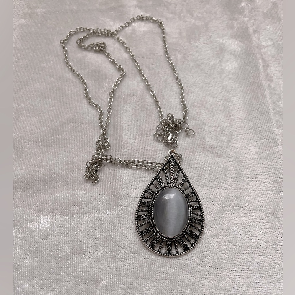 Nikola Valenti Silver Long Chain Silver Necklace with Large Gray Pendant